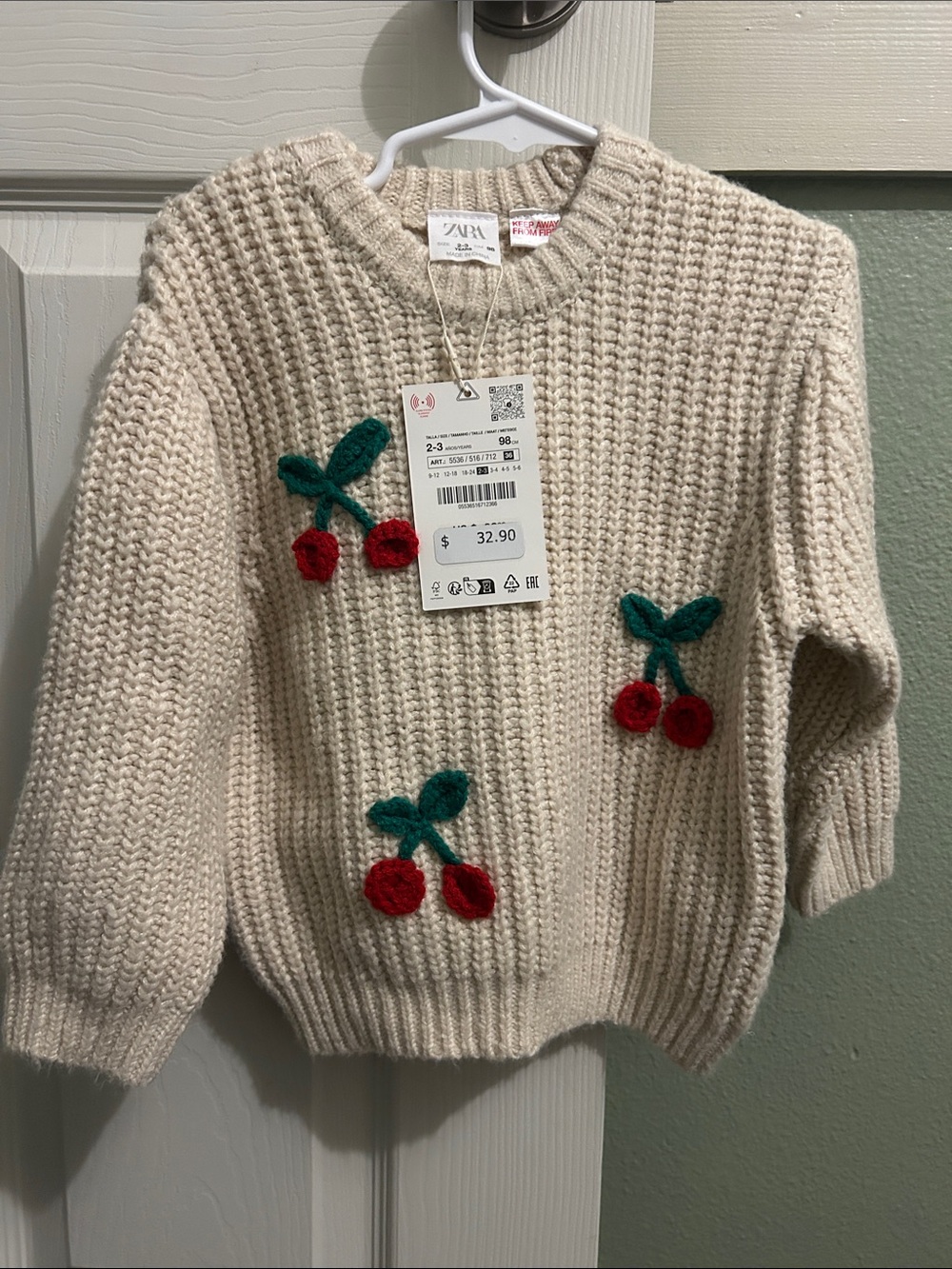 Zara Cream Knit Sweater with Red Cherry Appliqués